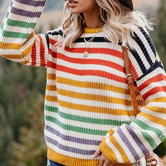 NEW Casual Rainbow Striped Color Block Warm Winter Sweater - Picture 5 of 10
